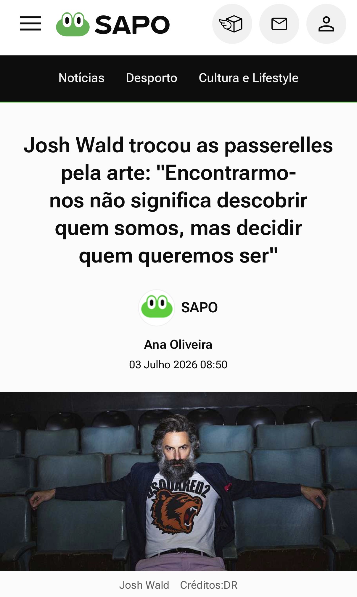 Press coverage of Josh Wald's move from modeling to art in SAPO Lifestyle