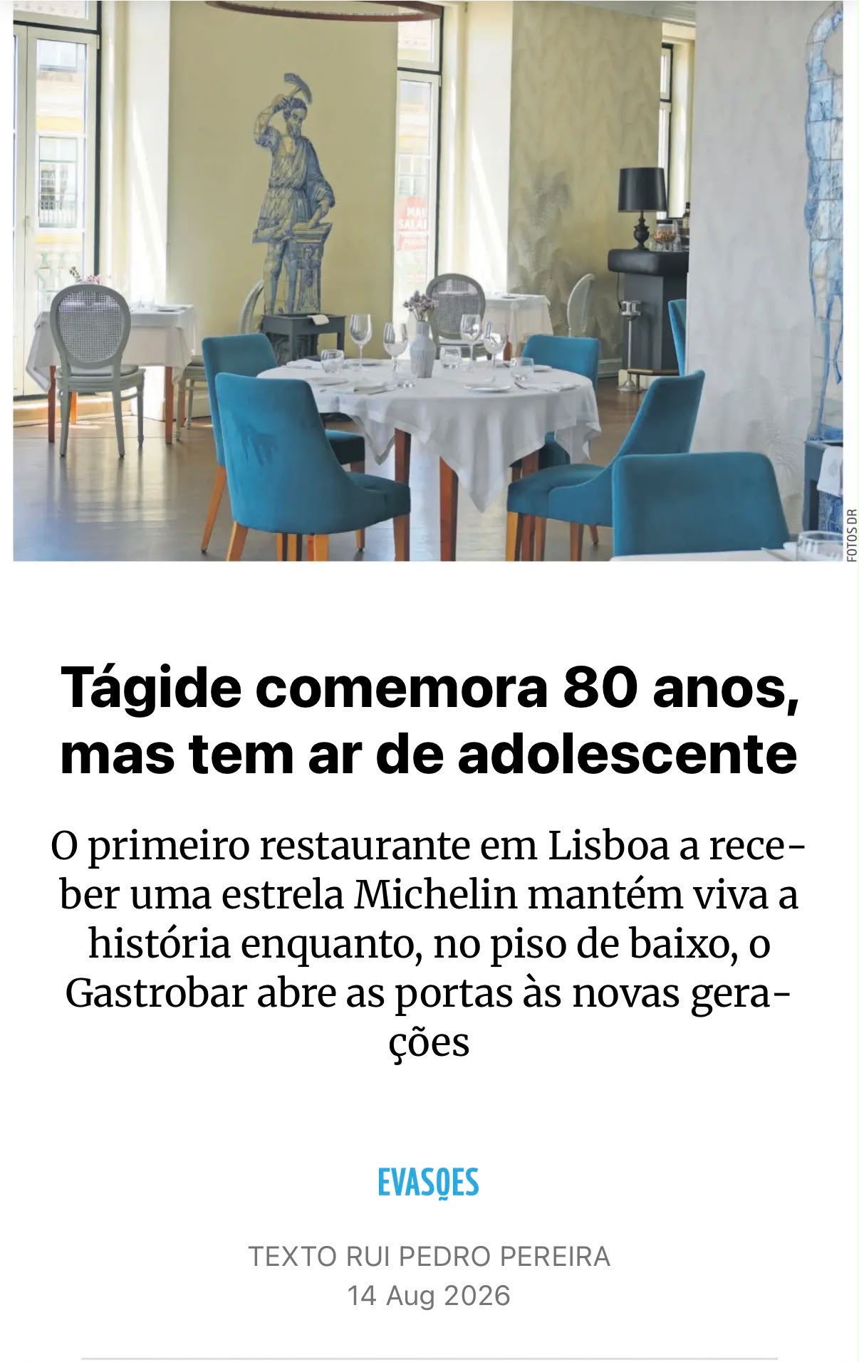 Press coverage of Restaurante Tágide's 80th anniversary in Evasões