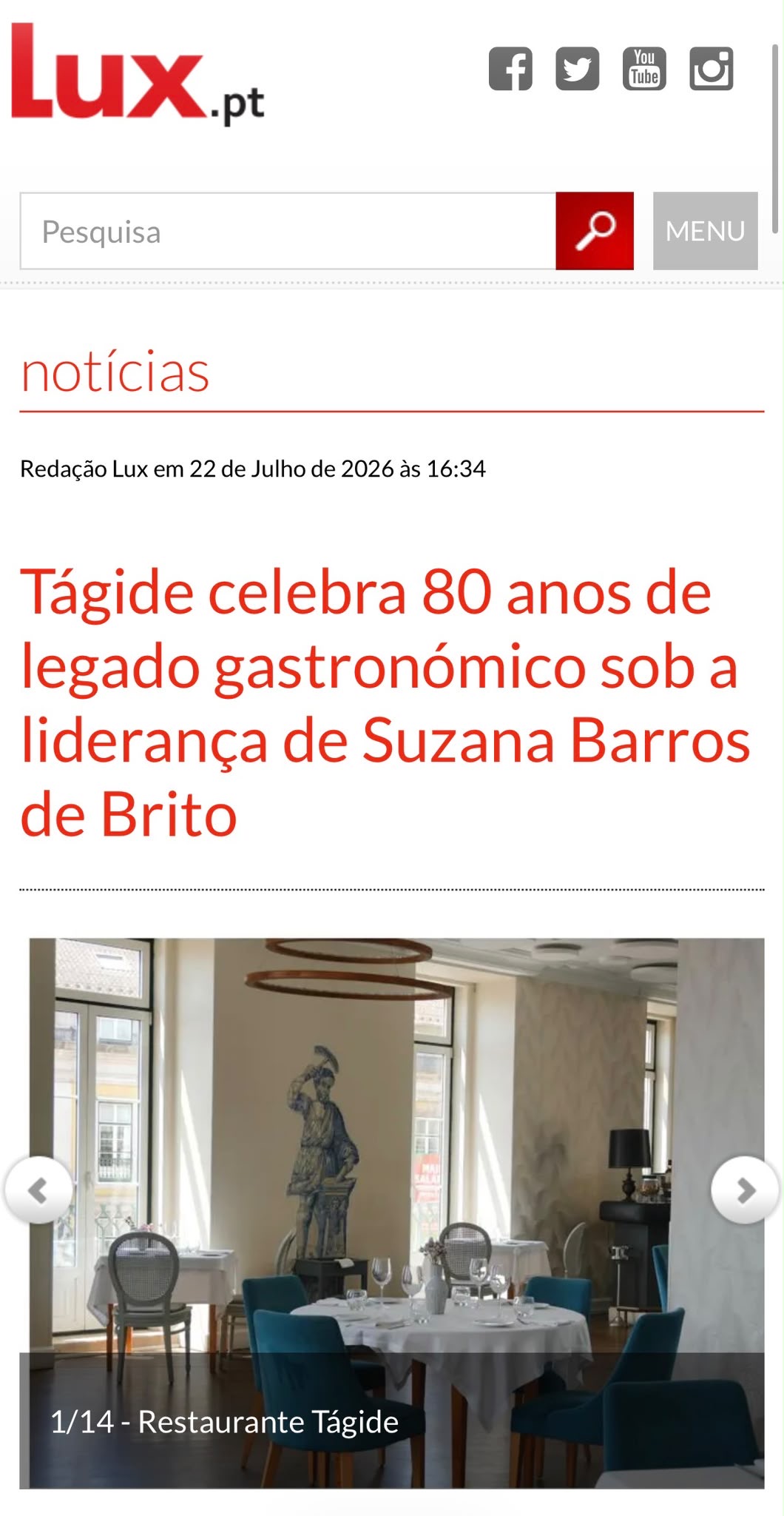 Press coverage of Restaurante Tágide's 80th anniversary in Lux