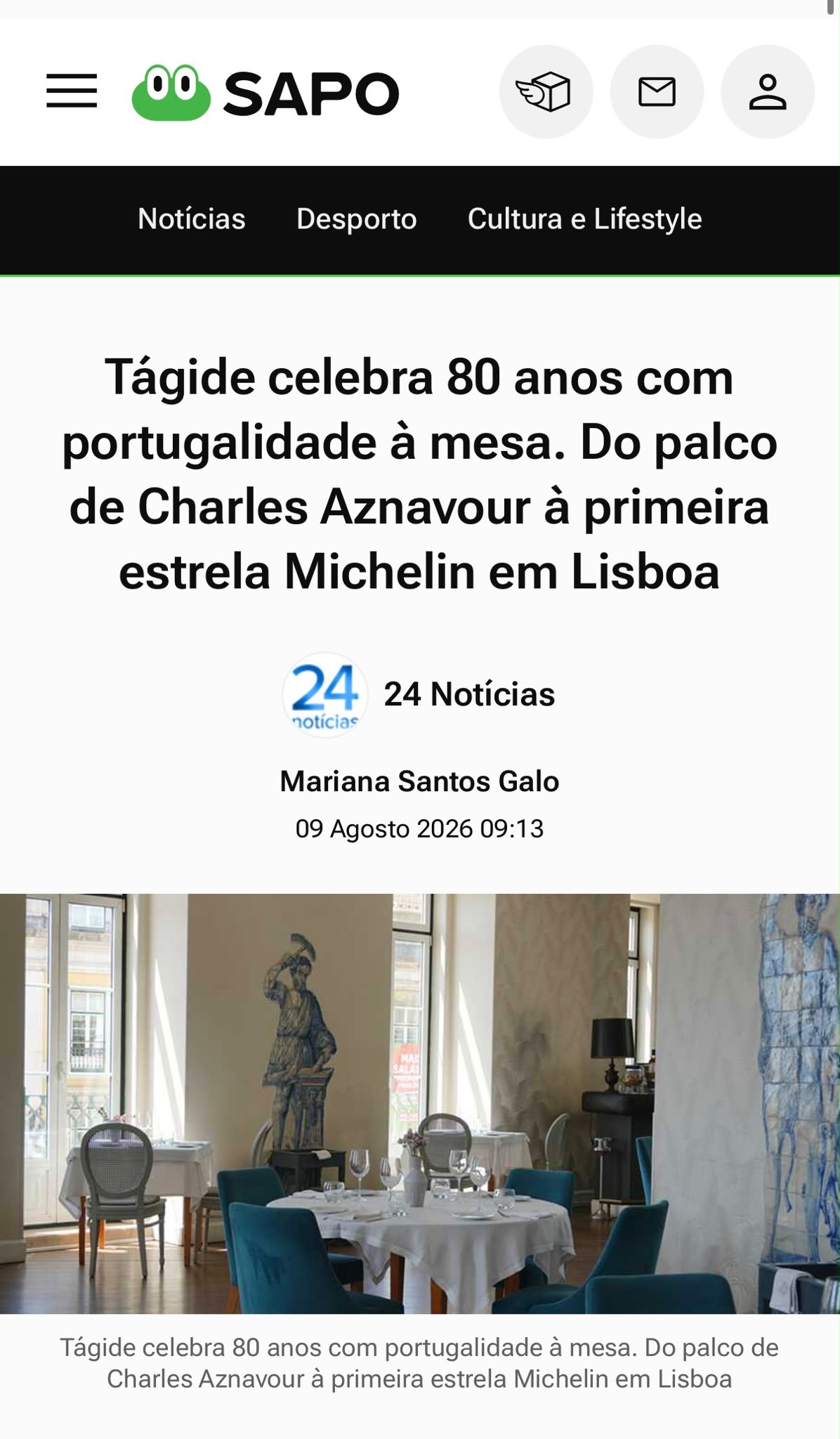 Press coverage of Restaurante Tágide's 80th anniversary in SAPO Lifestyle and 24notícias